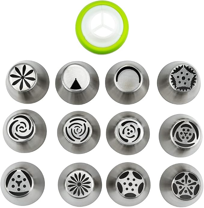 Restaurantware Pastry Tek Russian Piping Tips Set 23 Piece Durable Cake Decorating Kit - 12 Piping Tips 10 Piping Bags Stainless Steel Piping Bags And Tips Set 1 Tri-Color Coupler