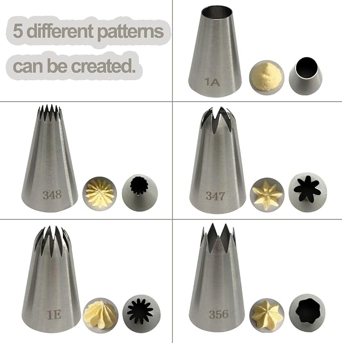 Large Piping Tips Set, Cake Decoration Tools | 5 Pieces Stainless Steel Cookie Decorating Kit, Pastry Nozzles, Frosting Icing Tips, 1A 1E 347 348 356, Baking Cupcake