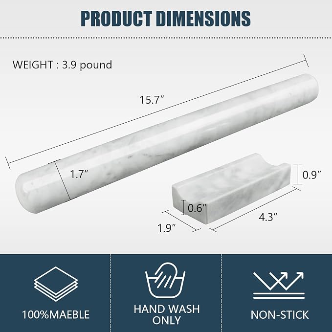 Marble Rolling Pin with Stand, 15.7" White Stone French Heavy Polished Non Stick Cookie Pizza Pastry Dough Baker Roller for Kitchen Baking