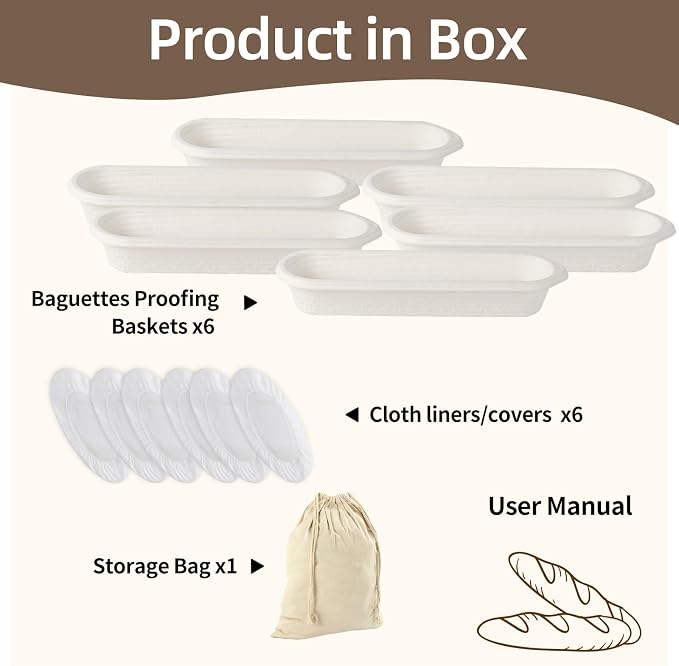 6-Pack 15 Inch Long Baguettes Proofing Baskets, Sourdough Banneton with 6 Linen Liner Covers, French Bread Baking Supplies