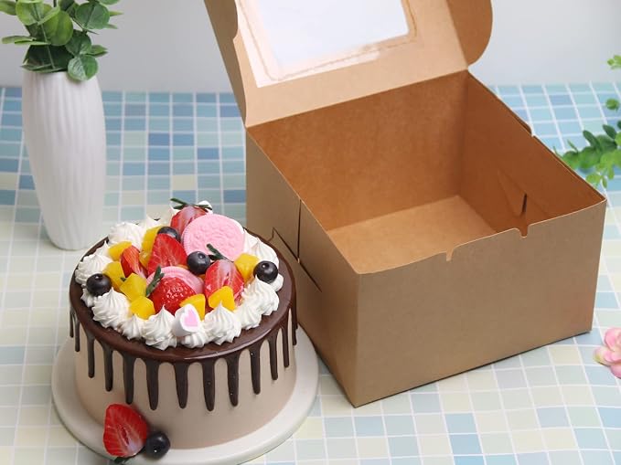 Kraft Bakery Boxes 8x8x5 Inch - 10Pack Window Gift Boxes | Includes twine & stickers. Sturdy kraft. For cookies, cupcakes, pastries, wedding favors, party treats & DIY