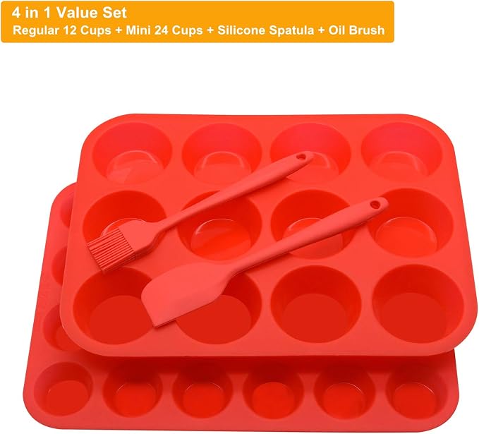 Silicone Muffin Pan Cupcake Set, Non-Stick Regular 12 Cups and Mini 24 Cups,Silicone Baking Molds,BPA Free Muffin Tin with 1 Silicone Spatula & 1 Oil Brush (Red) | Silicone Baking Molds ,BPA Free Muffin Tin with 1 Spatula & 1 Oil Brush，BPA-Free, Dishwa...