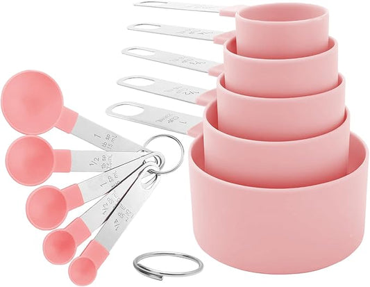 Measuring Cups and Spoons Set, 10-Piece, Pink | Stackable Nesting Design, Stainless Steel Handles, For Cooking, Baking & Meal Prep