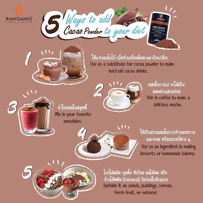 รอแกนิค Organic Raw Cacao Powder – Pure & Unsweetened, Non-Alkalized, Nutrient-Dense Superfood 100g