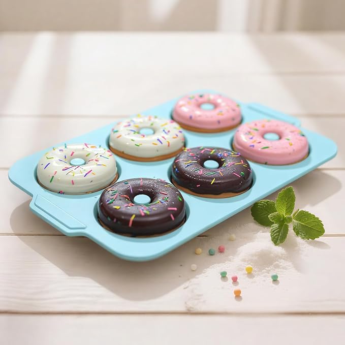 3.5 Inch Nonstick Silicone Donut Pan for Baking with Metal Frame, 1 Pack Donut Molds for Baking, 6 Cavity Doughnut Pan for Oven and Bagel Trays Non Toxic with Handle (Mint Green)