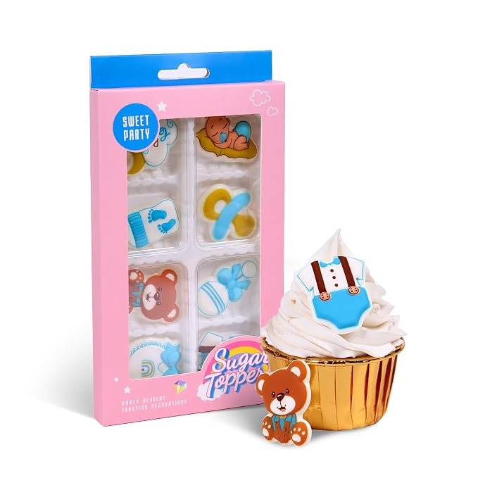 Icing Decorations Edible Icing Decoration Baby Boy Cake Decoration Baby Shower Gender Reveal Royal Icing Decorations for Cakes for baby Party (8 Count)