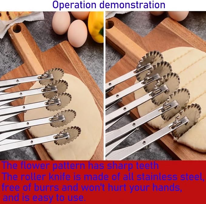5-Wheel Pastry Knife,Spaghetti And Noodle Slicer, Stainless Steel Fluted Pasta Crimping Wheel Dough Crimper Cutter Roller Ravioli Maker Tool for Pizza Noodle Cracker(with handle)