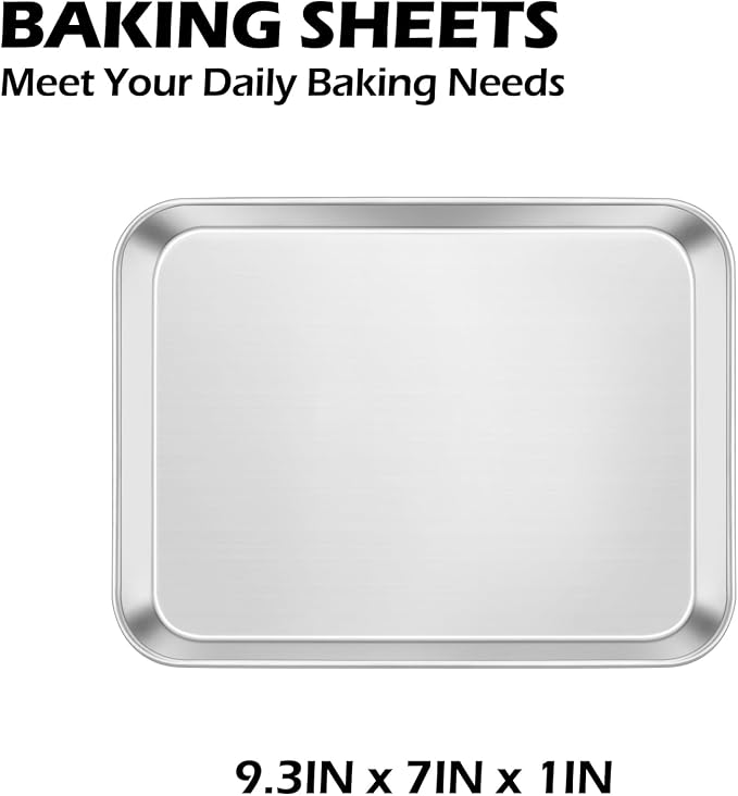 Leonyo 9x7IN Stainless Steel Baking Sheets Set, Stainless Steel Small Sheet Pan for Baking Cookie, Commercial Grade Metal Toaster Oven Tray for Oven, Non Toxic & Dishwasher Safe