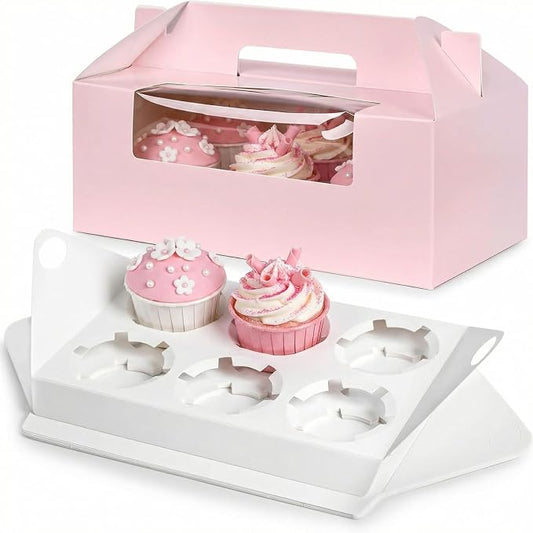 VGOODALL 8 Sets Pink 6-Count Cupcake Boxes with Handles and Inserts, 9.3 x 6 x 3.5 Inch Large Pastry Containers with Windows for Wedding, Birthday, Bakery Supplies, Professional Party Gift Boxes