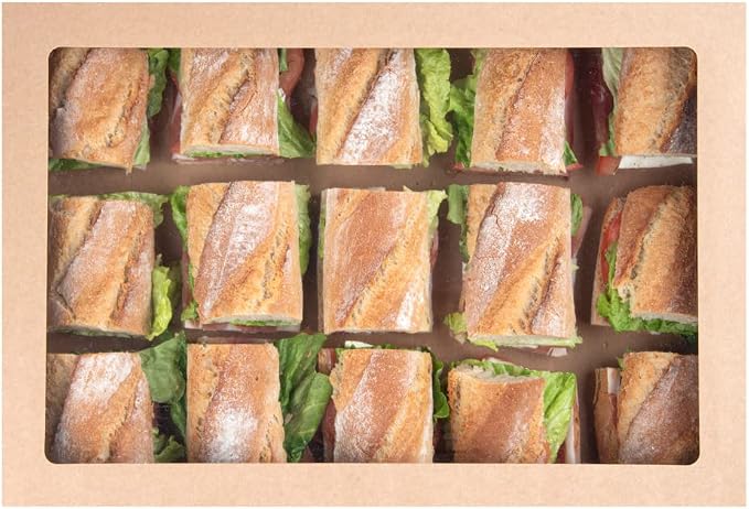 Restaurantware Cater Tek 17.9 x 12.3 x 3.2 Inch Catering Boxes 100 Insert Tab Lock Baked Goods Boxes - Window Lids Easy Assembly Kraft Paper Window Pastry Boxes For Charcuterie Or Cupcakes