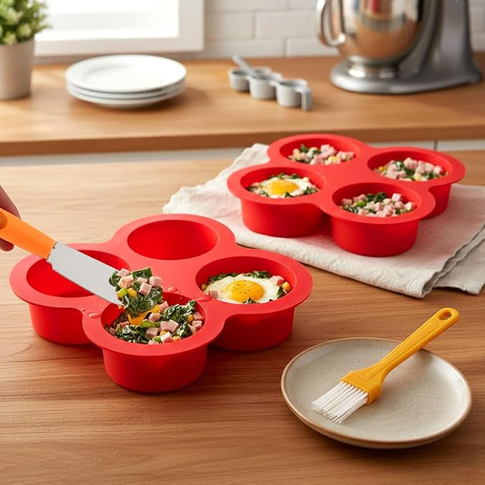 2 Pack Air Fryer Egg Bite Molds, 4 Cups Mini Round Muffin Pans, Silicone Egg Bite Molds with Spreader＆Oil Brush Nonstick Air Fryer Baking Pan for Cupcake, Muffin, Tart, Frittata, Quiche
