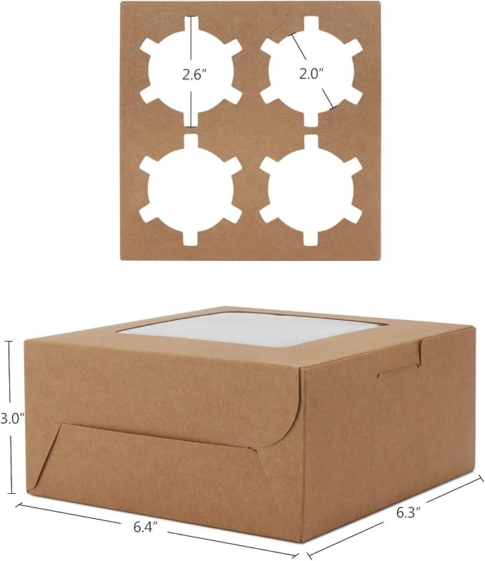 EUSOAR Muffins Boxes 4 Count, 50pcs Muffin Containers Cupcake Boxes with Insert and Display Window, Natural Color Kraft Cupcake Carrier Fits 4 Cupcakes or Muffins (6.4" x 6.3")