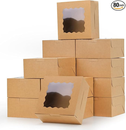 Moretoes 80pcs Brown Bakery Boxes with Window, 6x6x3 Inches Small Cookie Boxes for Treats, Pastries, Chocolate Covered Strawberries, Macarons, Cupcakes, Goodies, Donuts