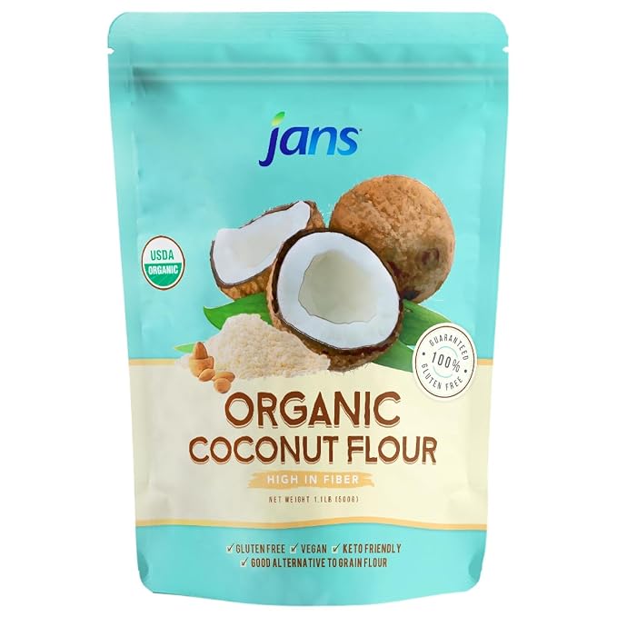 Jans Organic Coconut Flour (1.1 lb, Pack of 12) Certified Organic, Gluten-Free, Keto, Paleo, Vegan Friendly, Multi Purpose Flour Alternative, High Fiber