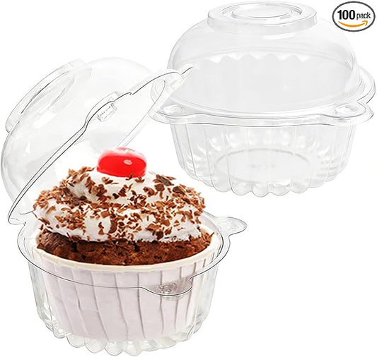 100 Pack Plastic Cupcake Containers with Dome Lids, Disposable Individual Clear Cupcake Boxes Holders Carrier, Single to Go Dessert Cake Packaging for Muffin Donuts Fruit Salad Wedding Party
