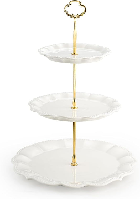 3 Tier Cupcake Stand, Ceramic Tiered Serving Stand | Relief Dessert Tower Tray, Cupcake Holder Tower for Birthday, Baby Shower, Tea Party and Wedding (Ivory)
