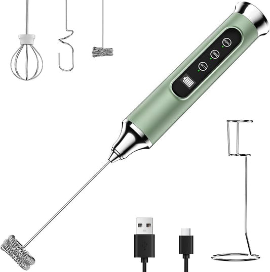YUSWKO Milk Frother Wand for Coffee with Stand, Coffee Frother Handheld | Rechargeable Drink Mixer Wand, Waterproof Electric Whisk for Protein Powder, Lattes, 3 Variable Speeds 3 Whisks, Granite