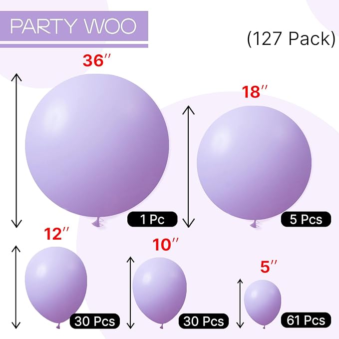 PartyWoo Lavender Balloons 127pcs Different Sizes Pack of 36 18 12 10 5 Inch Light Pastel Purple Lilac Balloon Arch Kit for Baby Shower Bachelorette Fairy Birthday Party Decorations Purple-Q10