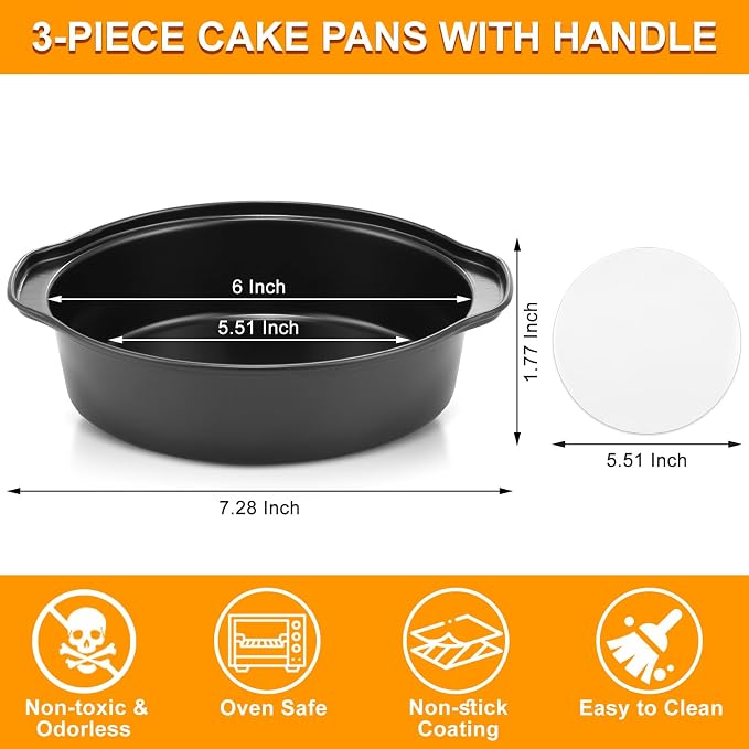 6 Inch Cake Pan - 3PCS Carbon Steel Round Cake Pans with 100 Pieces Parchment Paper, Non-stick & Easy Demolding, Non-toxic & Healthy