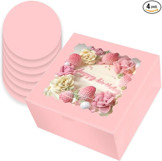 qiqee 10x10x5 Cake Box, 4 Sets Pink Cake Box with Window ＆ 4 Sets 10" Pink Cake Round Boards, 10inch Cake Containers