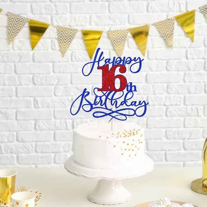 Happy 16th Birthday Cake Topper,Deep blue font red Numbers 16th Birthday Cake Decoration,Hello 16, Cheers to 16 Years/16th Anniversary,16& Fabulous Party Decoration