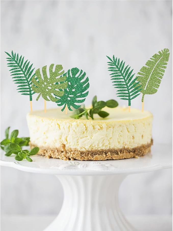 24Pcs Glitter Tropical Cupcake Toppers, Tropical Palm Leaves Cake Topper Aloha Decorations for Summer Luau Hawaiian Theme Baby Shower Birthday Party Supplies(Leaves A)