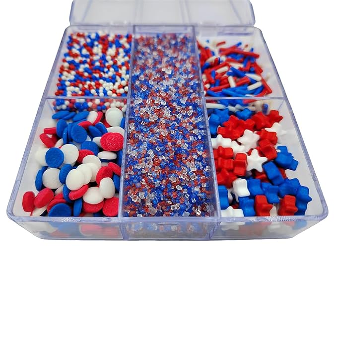 Red White and Blue Sprinkles for Baking, Edible Patriotic 4th of July Sprinkle Mix for Cake Decorating with Sparkling Sugar, Jimmies, Stars, Nonpareils, Confetti, Ice Cream Cupcake Toppings Supplies