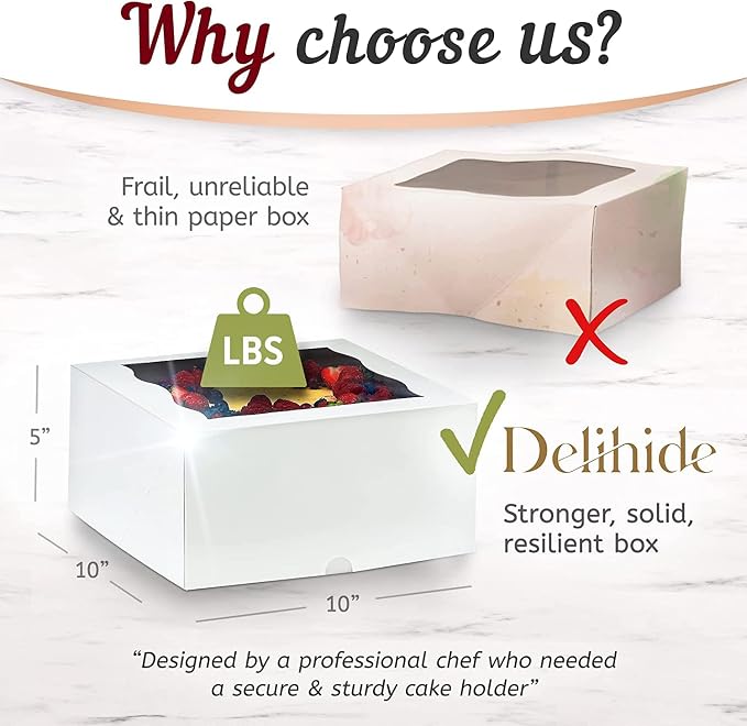 12 Cake Boxes With Cake Boards Set 10", Sturdy, Greaseproof, Front-Loading | Cheesecake Boxes 10 Inch with Thick Cake Boards, Disposable Cake Board & Box Set, Cardboard Pastry & Bakery Boxes With Window