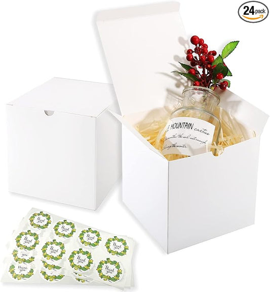 Frantis 24 Pack White Gift Boxes with Lids, 4x4x4 Inch Small Favor Boxes for Weddings, Bridesmaid Proposals, Christmas, Treats & Small Business Packaging, Includes Thank You Stickers