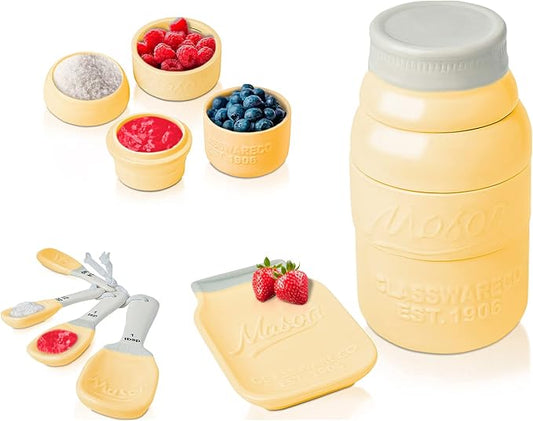 Comfify Yellow Mason Jar Measuring Set – 4 Cups, 4 Spoons, Spoon Rest | Yellow; ceramic; 9-piece set; 4 measuring cups + 4 measuring spoons + spoon rest; mason jar design; hand wash only