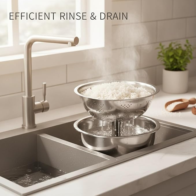 2-Piece Stainless Steel Colander and Bowl Set, Nested Strainer for Washing Veggies, Draining Pasta, and Food Prep (Silver)