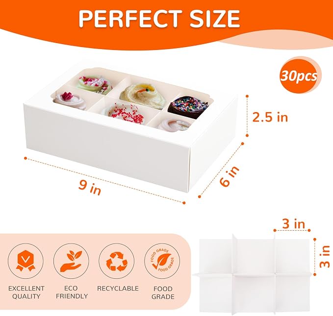 Zealax Bakery Boxes with Window and Dividers Cookie Packaging Small Treats for Gift Giving, Macaron Treat Boxes for Mini Cupcakes, Chocolate Covered Strawberries, White, 30 Pack, 9x6x2.5 Inch