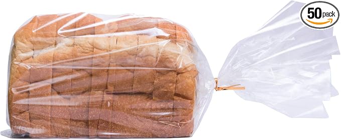 Wowfit Bread Plastic Bags, Pack of 50 Reusable Clear Bakery Storage Packaging for Homemade Loaf, Includes 50 Gold Twist Ties
