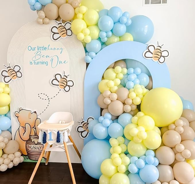 Pastel Blue Yellow Balloon Arch Kit 154pcs Macaron Baby Blue Pastel Yellow and Light Brown Latex Balloons for Baby Shower Bee Bear Theme Birthday Bridal Wedding Party Decorations