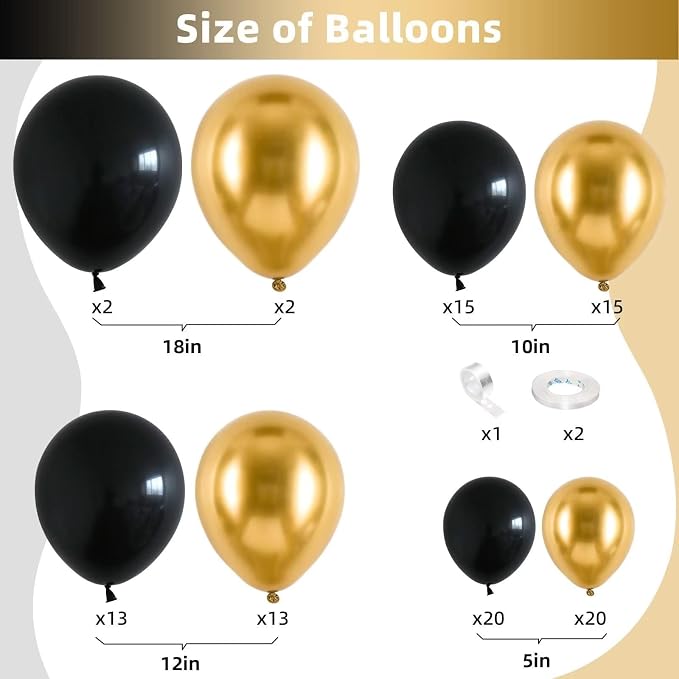 Black and Gold Balloon Garland Kit, Metallic Gold and Black Balloon Arch Kit, Black and Gold Balloons Different Sizes 18/12/10/5 inch for Graduation Birthday Anniversary Bachelorette Party Decorations