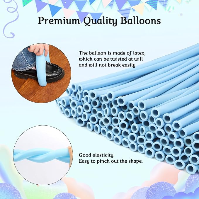 Blue 260 Balloons for Animals & Arch, Long Skinny Balloons for Twisting & Tying, Art Kit for Gender Reveal & Wedding Decorations, 100pcs