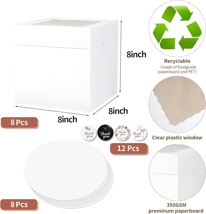 16pcs 8x8x8 Inches Cake Boxes,8pcs White Bakery Boxes with Window and 8pcs Boards,Cajas storage for 8 inch Cake box, Disposable Pie Box, Father's Day,Wedding, Birthday, Party