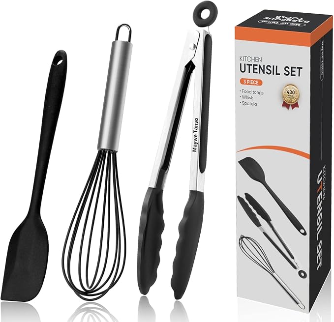 Silicone Tongs for Cooking Set of 3,Maywe Tanso 11"Kitchen Tongs with Silicone Tips- 600°F Heat Resistant,10"Whisk for Non-stick Cookware Plus 8.5"Spatula,Cooking Set|Dishwasher Safe