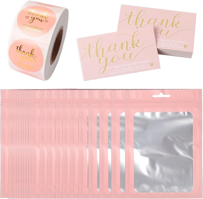 620Pcs Thank You Business Cards Stickers Set Gold Foil Include 100 Thank You Business Card 500 Thank You for Supporting My Small Business Stickers 20 Resealable Packaging Bags Suitable Owners (Pink)