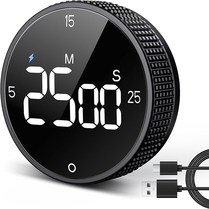 USB Rechargeable Magnetic Kitchen Timer for Cooking, Building 800mAh Battery Large Display Digital Countdown Countup Timer, 3 Preset 5/15/25 Mins Loud Alarm for Baking Grilling Studying