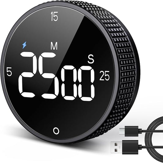 USB Rechargeable Magnetic Kitchen Timer for Cooking, Building 800mAh Battery Large Display Digital Countdown Countup Timer, 3 Preset 5/15/25 Mins Loud Alarm for Baking Grilling Studying
