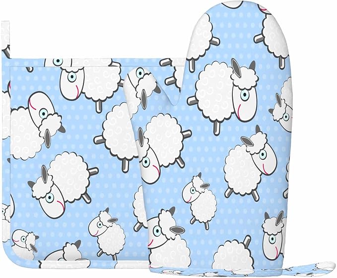 Mxocom Sheep Heat-Resistant Oven Mitts and Pot Holder Cute Animal White Sheep Llama Blue Polka Dots Kitchen Non-Slip Cooking Microwave Gloves for Cooking Baking Grilling