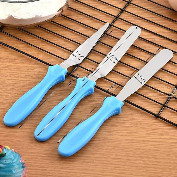 Cake Cream Spatulas, 3 Pieces of Cake Angled Spatula with Stainless Steel, Professional Cake Decorating, Pastry & Baking, Icing Frosting Cream Chocolate Cake Spatula (3 Pcs Blue)