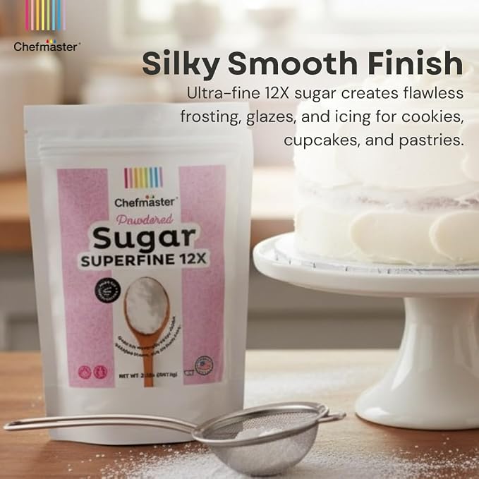 Extra-Fine Powdered Sugar by Chefmaster, 12X Superfine Confectioners Sugar for Silky Icings; Ideal for Macarons, Whipped Cream, Meringue, Fondant & Cake Decorating; Quality Crafted in USA, 2 Lbs