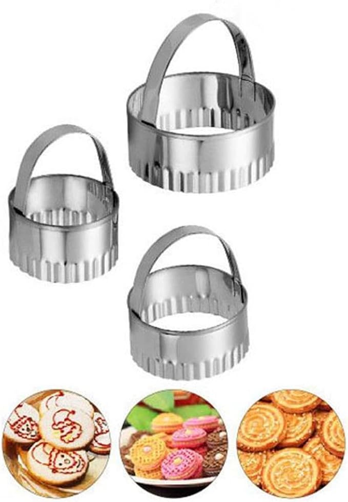 Biscuit Cutter Set,Stainless Steel Round Fluted Cookie Cutters with Handle,Wave Cookies Cutter for Cakes,Rings Biscuits,Cookie (3 Pcs)