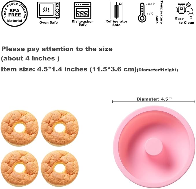 4 Inches Silicone Donuts Pan Set, 4 Pieces Non-stick Pastry Molds Cake Baking Molds for Bagel and Doughnut Cake Pans (Pink)