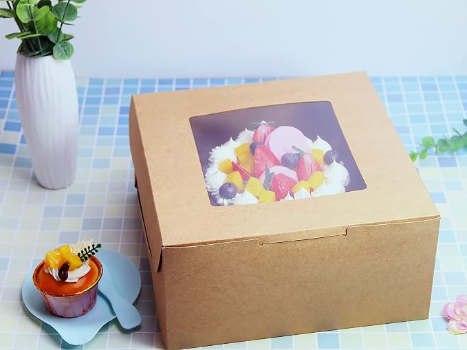Kraft Bakery Boxes 10x10x5 Inch - 10Pack Window Gift Boxes | Includes twine & stickers. Sturdy kraft. For cookies, cupcakes, pastries, wedding favors, party treats & DIY