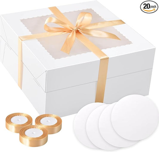 KPOSIYA 40pcs 12x12x6 inches Cake Boxes with Cake Boards（20 Boxes & 20 Boards）, White 12 inch Cake Boxes with Window,Cajas Pasteles Square Cardboard Cake Containers for Christmas Thanksgiving