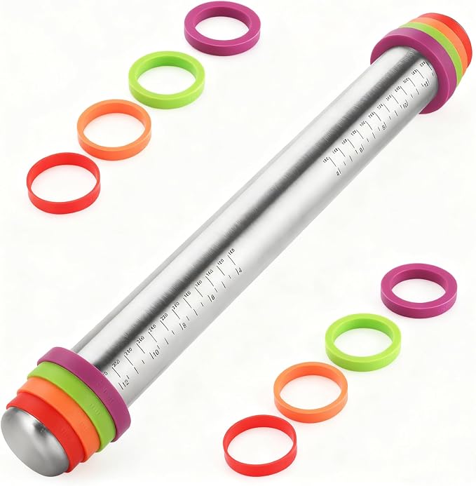AMUZHI Stainless Steel Rolling Pin with Adjustable Thickness Rings | 4 Interchangeable Sizing Bands for Dumplings/Pasta/Cookies - Nonstick Kitchen Baking Tool