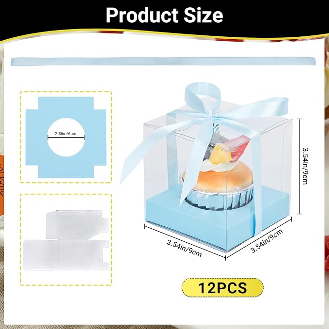 EUSOAR Plastic Cupcake Wrappers, 12pcs 3.5 Inch Clear Individual Tall Cupcake Box Containers for Cake, Single Transparent Cupcake Holder Carrier with Ribbons and Inserts for Wedding Party Favor-Blue